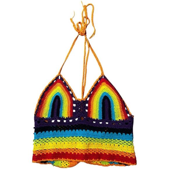 Multicolored Rainbow Halter Cropped Top Size S Hand made Y2K Retro Hippie - Picture 1 of 7